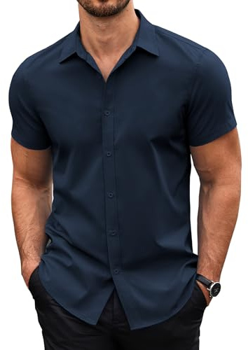 COOFANDY Mens Shirts Short Sleeve Summer Regular Fit Casual Shirt Non Iron Dress Shirts Button Down Office Shirt Navy Blue L