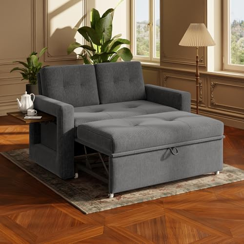YOUDENOVA Sofa mit Schlaffunktion, Schlafsofa mit 5-stufig Verstellbarer Rückenlehne, Schlafcouch mit Bettfunktion, Couch mit Tisch & Seitentasche, 2 Sitzer Sofa Bed 177x135 cm, Cord Grau