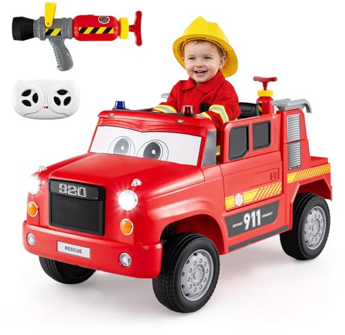 COSTWAY 12V Camion Pompieri Elettrico con Spruzzatore d'Acqua e Telecomando | Macchina Elettrica per Bambini con Musica Sirena Luci e Avvio Morbido, Veicolo Elettrico per Bambini 3+ Anni