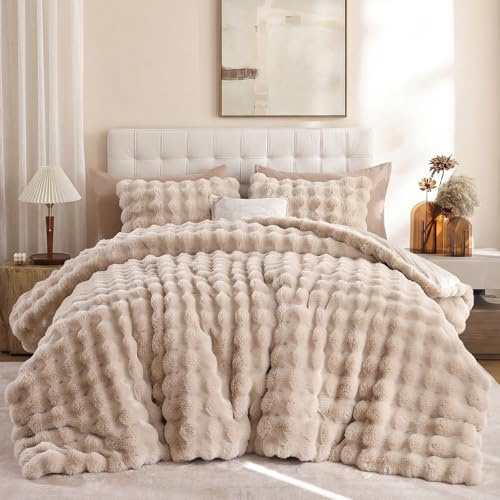 YIKUSH Linen Comforter Set Queen - Luxurious Faux Fur Comforter for Winter, Fluffy Comforter Queen Set with 2 Pillowcases, Soft Warm Linen Bedding Set