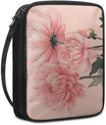 Bibelhülle Rosa Chrysantheme Buchtasche für Männer Frauen Tragbar Buchhülle Stoff Leinwand Polyester Bibel Zubehör mit Reißverschluss Griffen Bibel Hülle 27.5x22.5x5.5 cm