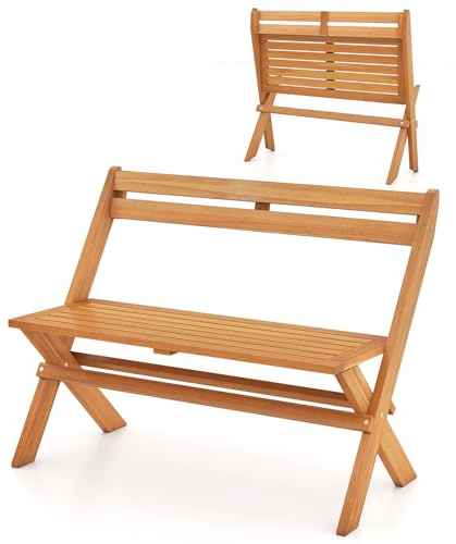 KOMFOTTEU Banco Plegable para 2 Personas, Banco de Jardín de Madera de Acacia con Capacidad de 360 kg, Asiento Exterior para Porche, Balcón, Parque, 56 x 105 x 80 cm