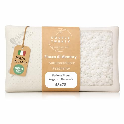The Double Twenty Cuscino in Fiocco di Memory Foam 48 x 78cm Ortopedico Ergonomico per Cervicale e Collo, Traspirante e Antiacaro, per Tutte le Posizioni di Sonno, OEKO-TEX, Made in Italy