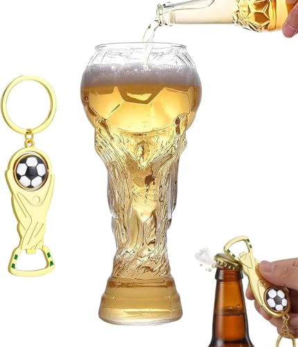 Trophy Shaped 560ml Large Beer Glass, Football Themed Beer Mug with Bottle Opener, Ideal Soccer Fan Gift for Football Match, Bar Party Drinking Cup for Men & Dad