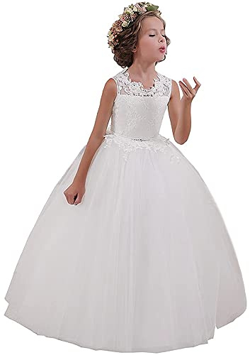 Abaowedding Flower Girl Dresses First Communion Dresses Girls Pageant Dresses Ball Gown Lace up Girl Dresses, US 8 White