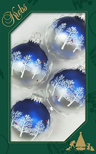 Krebs Glas Lauscha - 4 Silber und blaue Christbaumkugeln mit Walddekoration - 7 cm - 4 Stück