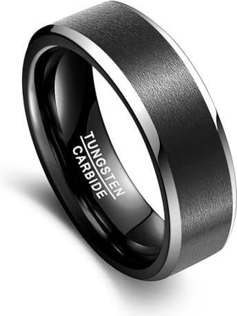 Vakki 8mm Wolfram Ring für Herren, Schwarz Einfache Ringe für Hochzeit und Alltag, Bequeme Passform, Abgeschrägte Kanten, Größe 70(22.3)