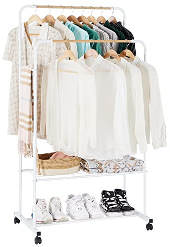 YOUDENOVA Clothes Rail on Wheels Clothes Rack Double Hanging Rails for Clothes Rails for Bedroom Heavy Duty Metal Stand Storage Shelf White