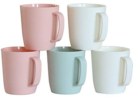 Kurala Coffee Mugs Set of 5, 10 Ounce Unbreakable Plastic Cups With Handle, 3 Basic Colors, Dishwasher Safe