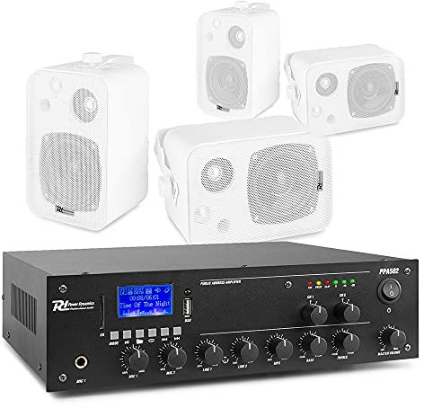 Power Dynamics 4 Wall Mounted Speaker System with 2-Zone 50W Mixer Amplifier, Bluetooth & USB – White Background Music PA Installation for Cafe, Shop, Bar, Restaurant