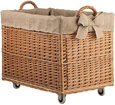e-wicker24 Alles aus Weide Aufbewahrungskiste aus Weidengeflecht, naturfarben, rechteckiger Wäschekorb aus Weide, mit Rollen und Futter aus grauem Jute-Stoff