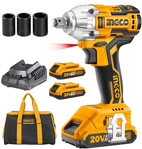 Llave de impacto sin escobillas, 20V INGCO 300NM 1/2 pulgada Pistola Impacto Bateria, Inalámbrica con 2pcs Batería de 2.0 Ah