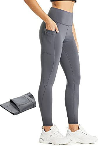 Comallan Legging Polaire Femme Hiver Leggings Chaud Femme Etanche Course Sport Yoga Training Thermique Thermo Pantalon avec Poches Gris, L