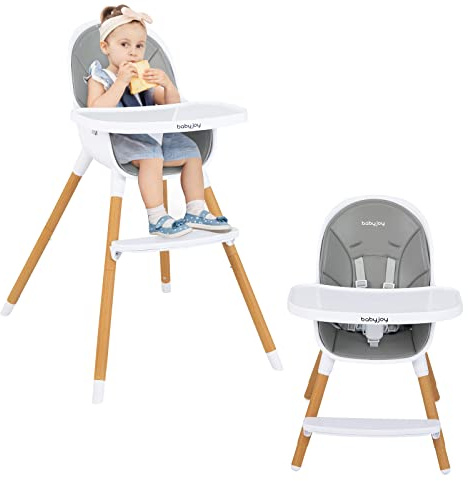 BABY JOY Convertible Baby High Chair, 3 in 1 Highchair w/Adjustable Legs, Dishwasher Safe Tray, Detachable PU Cushion, Footrest, 5-Point Harness for Babies Infants Toddlers (Gray)