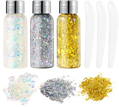 URAQT Body Glitter Gel, Chunky Glitter Gel, Chunky Body Lotion Glitzer Flüssiger Lidschatten, Meerjungfrau Pailletten Funkelnde für Gesicht Haare Lippen Nägel Make Up (weiß+silber+gold)
