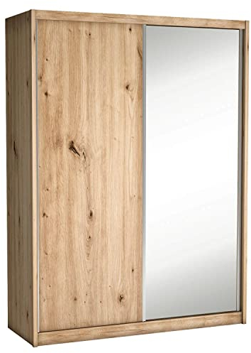 Cool24 Maciej II Kleiderschränke - Modern Schwebetürenschrank - Kleiderschrank mit Spiegel und Kleiderstange - Schlafzimmerschrank 180cm mit 12 Regale - Kleiderschrank Braun - Schrank Schlafzimmer