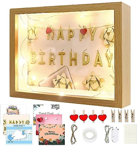 MeYuxg Cadre Photo 3D 27 x 22cm, Cadre Profond 3D, 3cm de Profondeur, avec Lumineuse LED 1m et 6 Images Thématiques, pour Fleurs Photos Billets Postales (Couleur Bois)