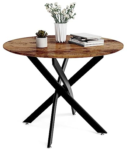 GOLDFAN Round Dining Table Wooden 80cm Retro Kitchen Table for Dining Room, Industrial Style Rustic Brown and Black (Table Only)