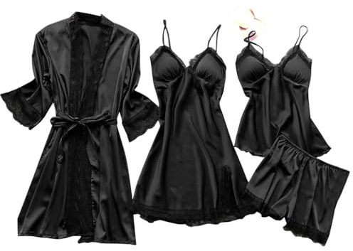 PonPed Conjuntos de Pijama de Seda con Ribete de Encaje para Mujer, 4 Uds., camisón, Pantalones Cortos, camisón, Conjuntos de Ropa de Dormir de satén Sexy (S,Black)
