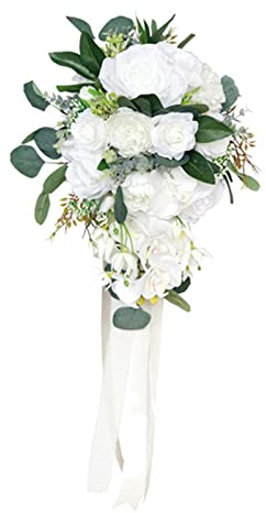 Nishiyuenyi Brautstrauß mit Wasserfall Und Künstlichen Rosen, Weiß
