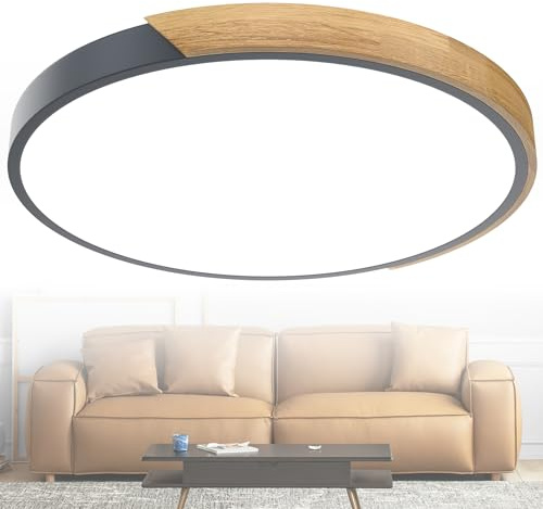 YRHome Moderne Runde Holz Deckenlampe LED, 96W Kaltweiß, Für Wohnzimmer Flur Küche Balkon, Grauer Rahmen
