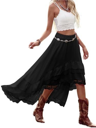 Verdusa Women's Western Cowgirl Lace Skirt Boho Asymmetrical Skirts Country Concert Outfits Black Medium