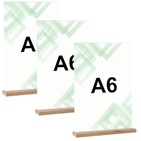 3 Stück A6 Tischaufsteller aus Acryl, Doppelseitiger Flyer Aufsteller mit Holzfuß – Plakatständer für Speisekarten, Poster, Flyer, Werbung – Ideal für Restaurant, Café, Büro, Einzelhandel, Messe