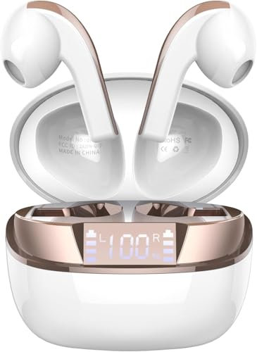 Bluetooth Kopfhörer, Kopfhörer Kabellos Bluetooth 5.4 HiFi-Klangqualität mit ENC Mikrofon, 47Std Spielzeit In Ear Ohrhörer mit IP7 Wasserdicht, Mini Ohrhörer mit LED Anzeige für IOS/Android, Weißgold