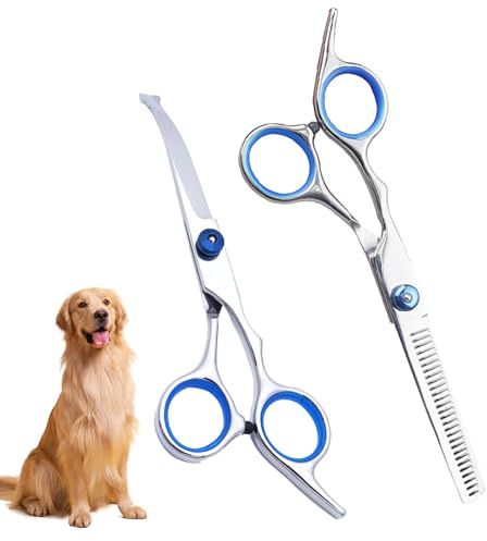 Menibeuty Curvas y Tijeras Entresacar, 2 Piezas Tijeras Peluqueria Canina Tijera Punta Redonda en Acero Inoxidable, Profesional Tijera para Cortar Pelo de Perro para Perros y Gatos (Azul)
