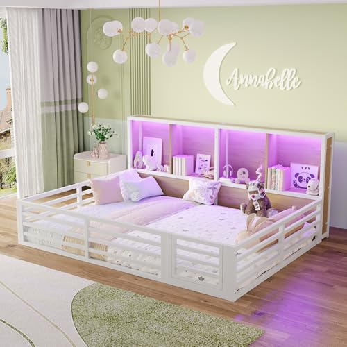 LAKFEW Bodenbett 140x200 cm Kinderbett mit Rausfallschutz und LED-Leuch, Bett mit Stauraum Staufach, Jugendbett Metallbett mit Lattenrost, Kinderzimmer Möbel, Ohne Matratze, Weiß