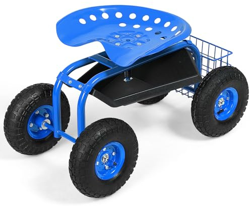 GOPLUS Rollsitz Garten, 360° drehbarer Gartensitz mit Rollen & Stauraum, höhenverstellbar 46-54 cm, bis 130 kg, Gartenwagen Arbeitssitz Gartenhocker für Gartenarbeit (Blau)