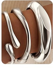 GoldGifts Chunky S925 Sterling Silver Bangle Bracelets Stack for Women, Thick Statement Silver Plated Stackable Bangle Cuff Bracelets Set,Trendy Big Large Bracelet Stacked Fashion Jewelry Gifts Non Tarnish