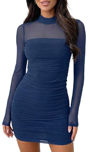 Sukiglam Vestido Mujer Elegante Manga Larga Vestidos Corto Ajustado con Cuello Alto Sexy Vestido de Malla Transparente Bodycon Dress Fruncido Tubo Otoño Invierno Mini Vestidos de Fiesta Cóctel Club