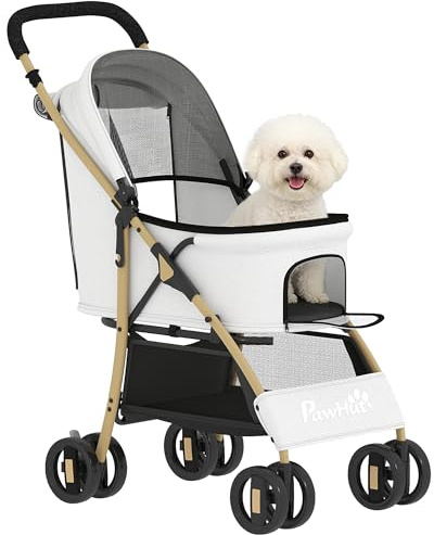 PawHut Carrito para Perros Plegable Cochecito para Mascotas con 2 Puertas Ventana de Malla Cesta de Almacenamiento Cuerda de Seguridad y Cojín Carga 15 kg 80x44,5x97 cm Gris Claro