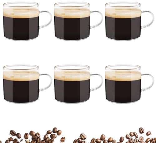 Wozzies 100ml Espressokoppar Glas, Mini Kaffekuppar Set 6er, Kaffeeglaser med Griff för Latte Macchiato, Espresso, Cappuccino, Tee und Heißen Rotwein