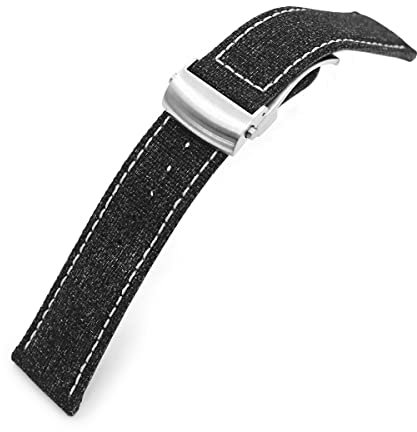 MiLTAT 20 mm Bracelet de montre en toile noire Boucle brossée Boucle déployante à rouleau, coutures beiges