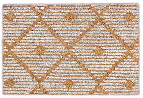 Relaxdays Fußmatte Kokos, geometrisches Muster, 60x40 cm, rutschfest, wasserfest, Fußabtreter innen & außen, Natur/weiß