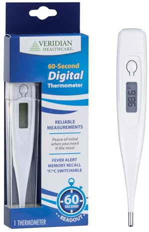 Veridian Digital Thermometer | 60 Second Read | Fever Alert + Memory Reminder | Clinical Rigid Tip | Hygienic Water Resistant Easy Clean | Storage Case + Lids