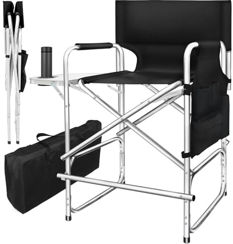 AQNIEGEP Makeup Chair for Makeup Artist 41 Tall Folding Directors Chair Makeup Artist Chair for Clients Directors Chair with Side Table Cup Holder Footrest Bags 400 lbs Load