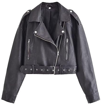 VIVICOLOR Chaqueta corta de piel sintética para motociclista para mujer, chaqueta corta ajustada de PU, chaqueta corta de motocicleta con cinturón de cuero