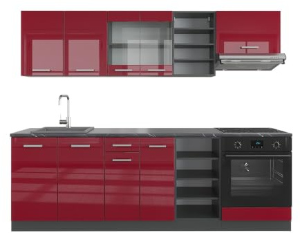 Vicco Küchenzeile R-Line, Rot Hochglanz/Anthrazit, 240 cm | 10 Module · Höhenverstellbare Füße · AP Anthrazit inkl. · Robuste Fronten · Mit Herdumbauschrank · Frei kombinierbar