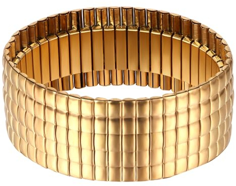 Flongo Elastisch Breit Armband für Damen: Gold verstellbares Chunky Armreif stapelbar Edelstahl Armkette 18k Vergoldet Stretch Plaid Schlangenkette Frauen