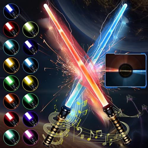 Spada Luminosa Ricaricabile per Bambini, 2 Pezzi Spada Laser Giocattolo, 15 Colori Cambiabili 2 in 1 Retrattile LED Luce, Spade Laser Telescopiche, Spada Laser per Bambini per Halloween, Cosplay