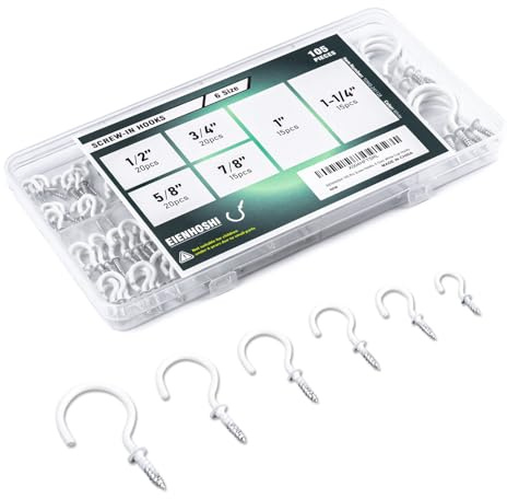 EIENHOSHI 105 Pcs Screw Hooks, 6 Sizes White Cup Hooks, Screw in Hooks for Hanging, Metal Cup Hook Screw in (1/2, 5/8, 3/4, 7/8, 1'', 1-1/4)