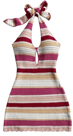 SOLY HUX Women's Striped Bodycon Halter Dress Sleeveless Cut Out Backless Beach Vacation Mini Knit Dresses Multicolor Striped Small