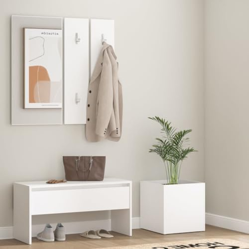 SDWEHO7 Garderoben-Set 5-teilig, Flurbank, Spiegel, Pflanzgefäß und 2 Garderobenständer, Garderobenset für Eingang Flur, 80 x 30.5 x 40 cm Weiß Holzwerkstoff