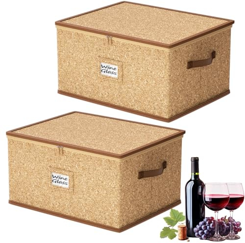 2 Pack Wine Glass Storage Box with Dividers, Hard Shell, Stackable Glassware Storage Containers with Handles & Label, 10'' Tall Stemware Storage Cases for 24 Wine Glasses, Moving & Home Storage