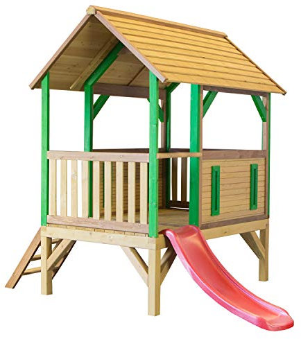 AXI Akela Maison Enfant avec Toboggan rouge | Aire de Jeux pour l'extérieur en marron & VERT | Maisonnette / Cabane de Jeu en Bois FSC