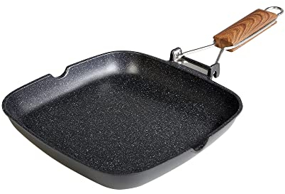 WECOOK! Ecochef Grill Asador Inducción Liso 20 X 20cm, Antiadherente QUANTANIUM Ecológico sin PFOA, Aluminio Fundido, 5mm Espesor, Mango Madera Plegable, Apta Todas las Cocinas Vitrocerámica, Gas