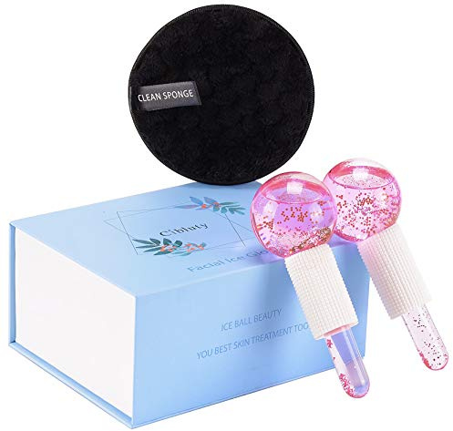 CIBLUTY Facial Ice beauty ball- 2PC Globes Pink Facial Roller for Cold or Hot Skin Massagers Globe Durable Quartz Glass for Face and Eye Rollers Reduce Puffiness